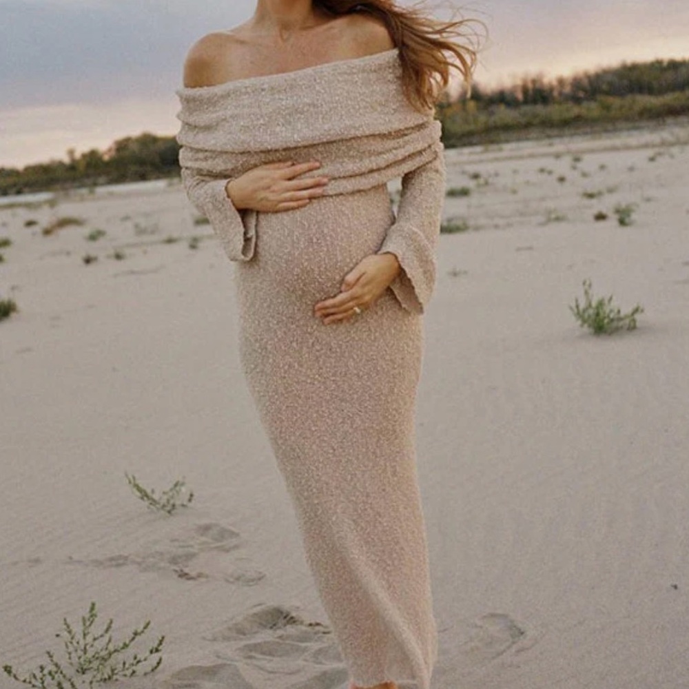 Off Shoulder Beige Maternity Dress for Baby Shower